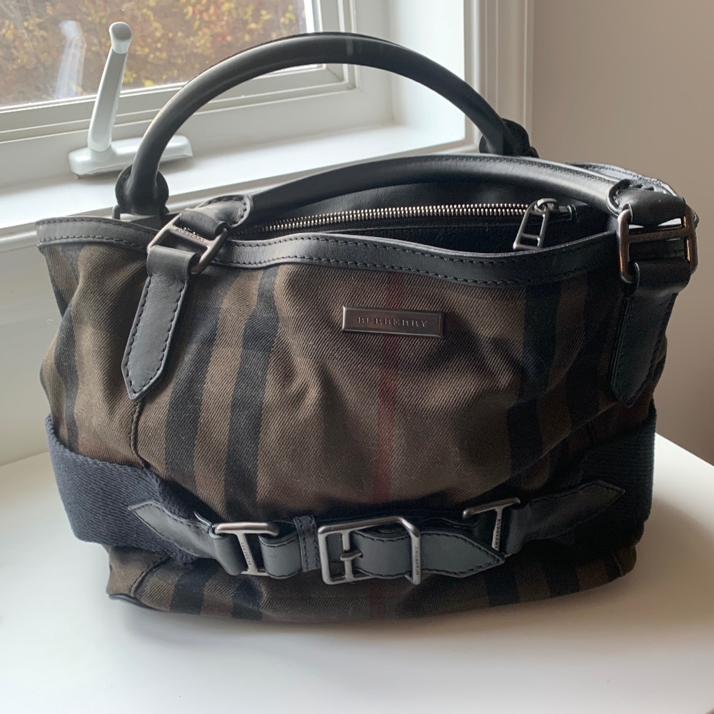 Burberry Dark Brown Plaid with Black Leather Trim Tote + Shoulder Strap